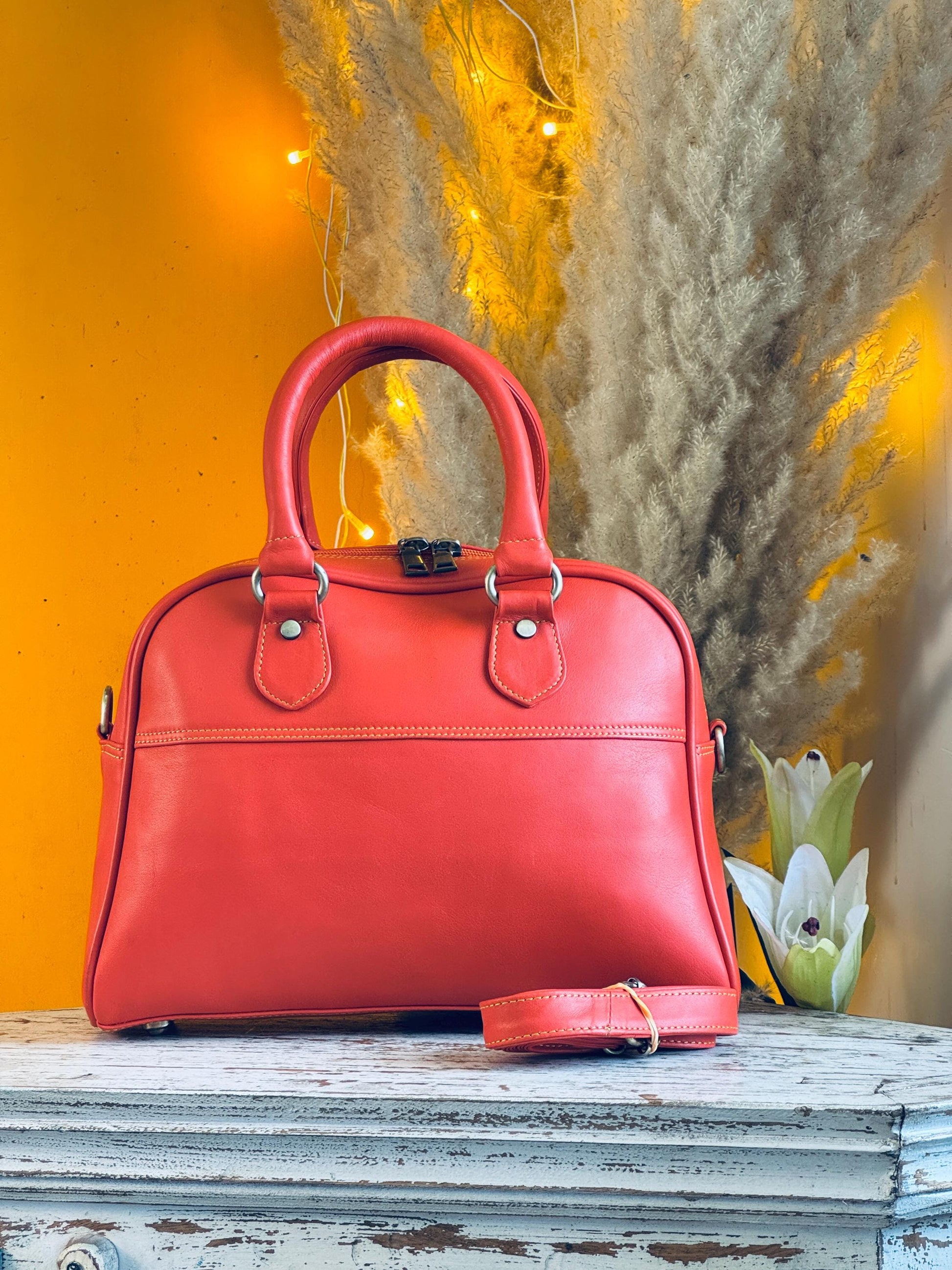 Coloured Smooth Leather Boston Bag: Vintage Style Top Handle Crossbody Handbag made with Recycled premium smooth Leather - JayKayBoutiqueOnline