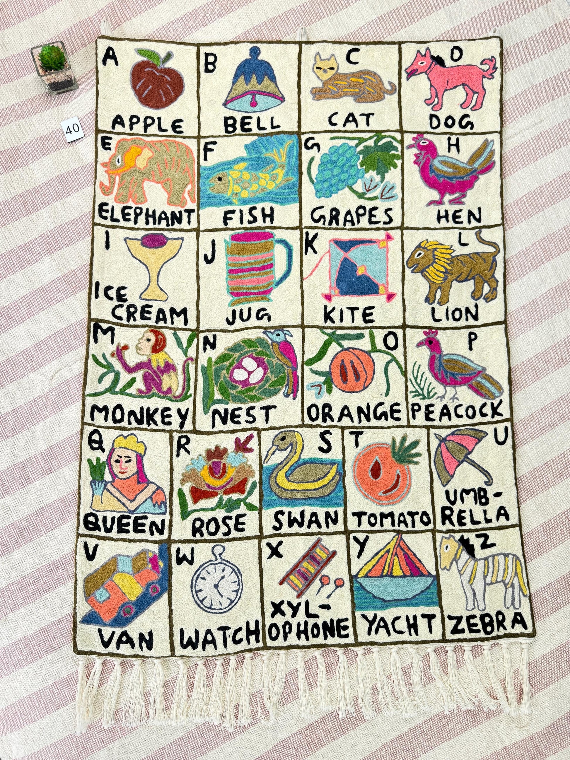 Handmade Alphabet Tapestry for Babies and kids: Wool Crewel Embroidered ABC Wall Hanging Nursery Decor, BabyShower, first Birthday - JayKayBoutiqueOnline
