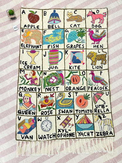 Handmade Alphabet Tapestry for Babies and kids: Wool Crewel Embroidered ABC Wall Hanging Nursery Decor, BabyShower, first Birthday - JayKayBoutiqueOnline