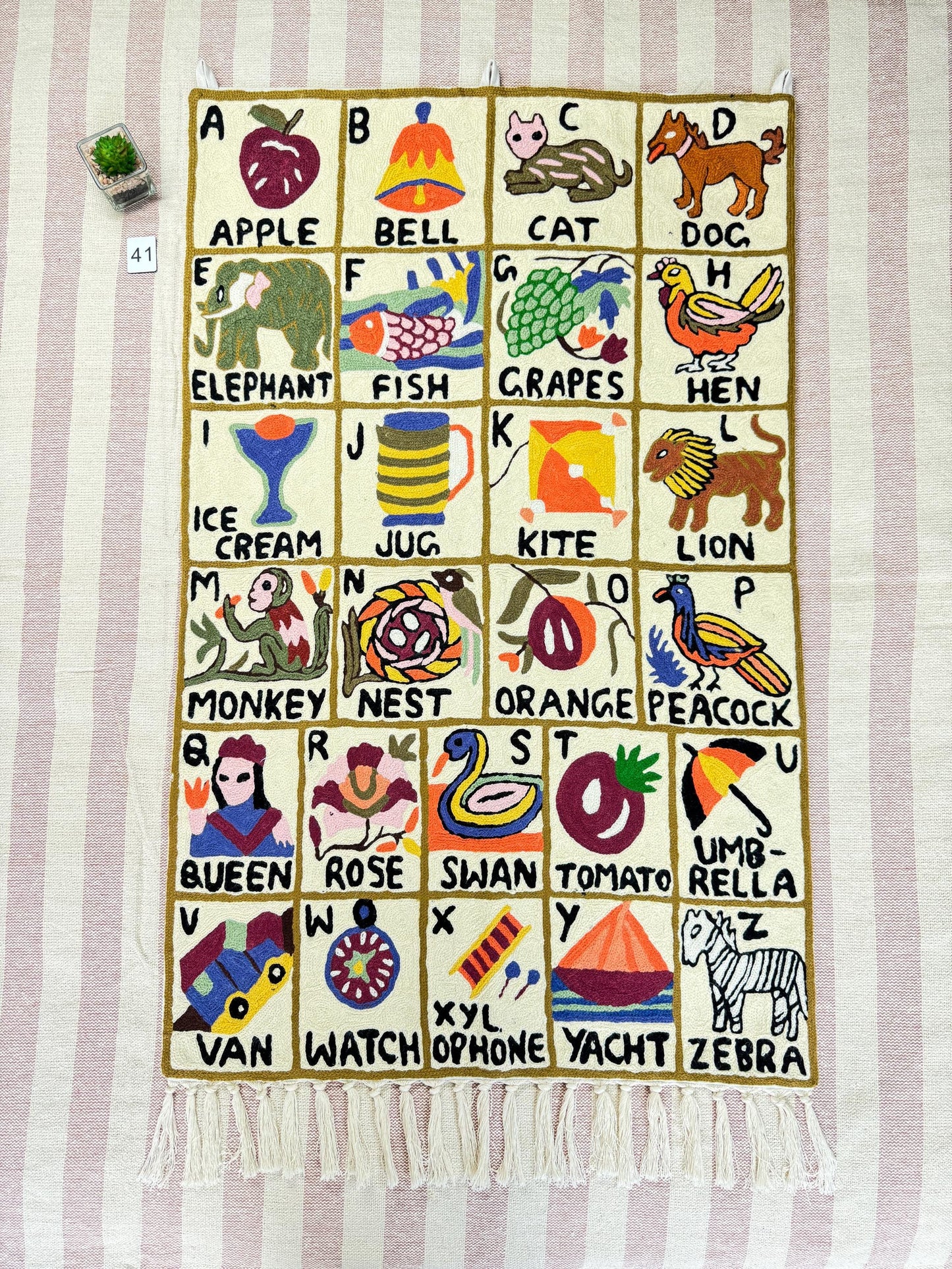 Handmade Alphabet Tapestry for Babies and kids: Wool Crewel Embroidered ABC Wall Hanging Nursery Decor, BabyShower, first Birthday - JayKayBoutiqueOnline