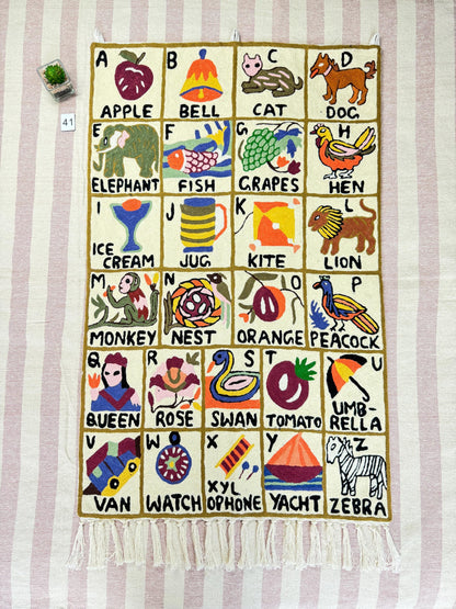 Handmade Alphabet Tapestry for Babies and kids: Wool Crewel Embroidered ABC Wall Hanging Nursery Decor, BabyShower, first Birthday - JayKayBoutiqueOnline