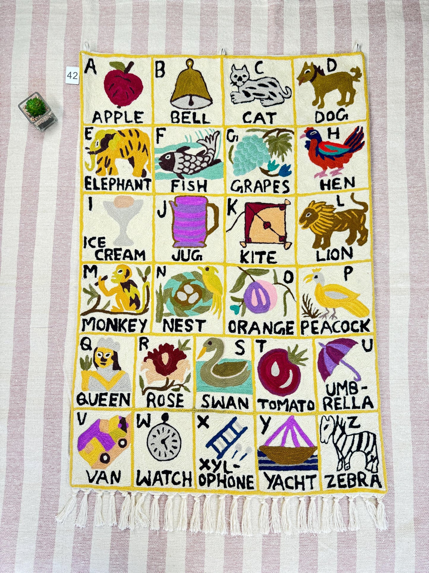 Handmade Alphabet Tapestry for Babies and kids: Wool Crewel Embroidered ABC Wall Hanging Nursery Decor, BabyShower, first Birthday - JayKayBoutiqueOnline