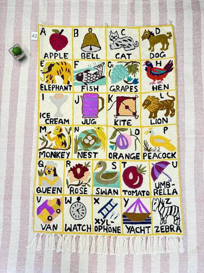Handmade Alphabet Tapestry for Babies and kids: Wool Crewel Embroidered ABC Wall Hanging Nursery Decor, BabyShower, first Birthday - JayKayBoutiqueOnline