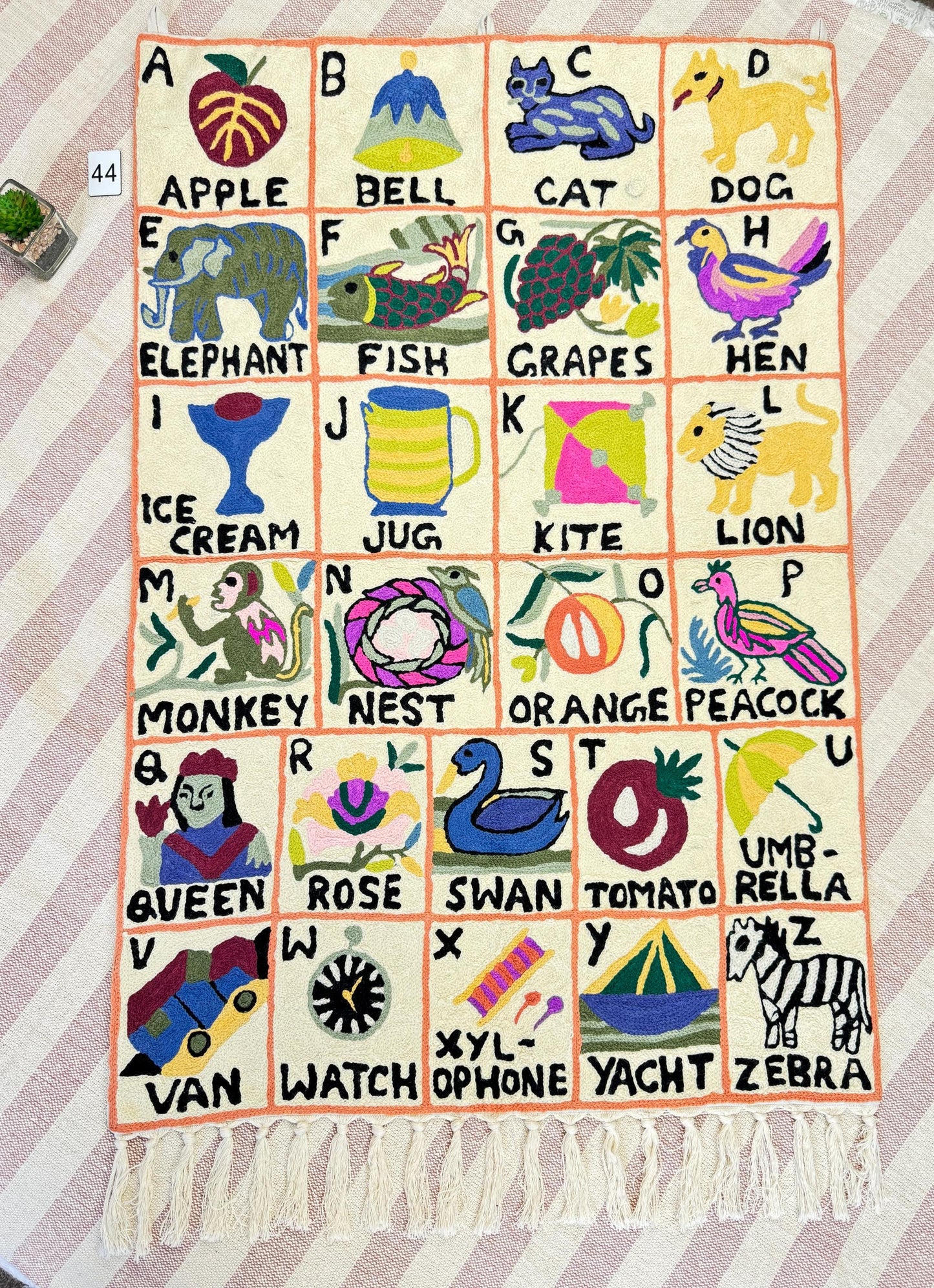 Handmade Alphabet Tapestry for Babies and kids: Wool Crewel Embroidered ABC Wall Hanging Nursery Decor, BabyShower, first Birthday - JayKayBoutiqueOnline