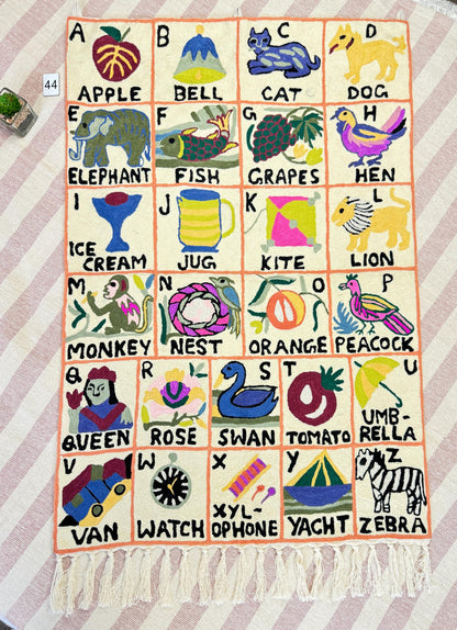 Handmade Alphabet Tapestry for Babies and kids: Wool Crewel Embroidered ABC Wall Hanging Nursery Decor, BabyShower, first Birthday - JayKayBoutiqueOnline