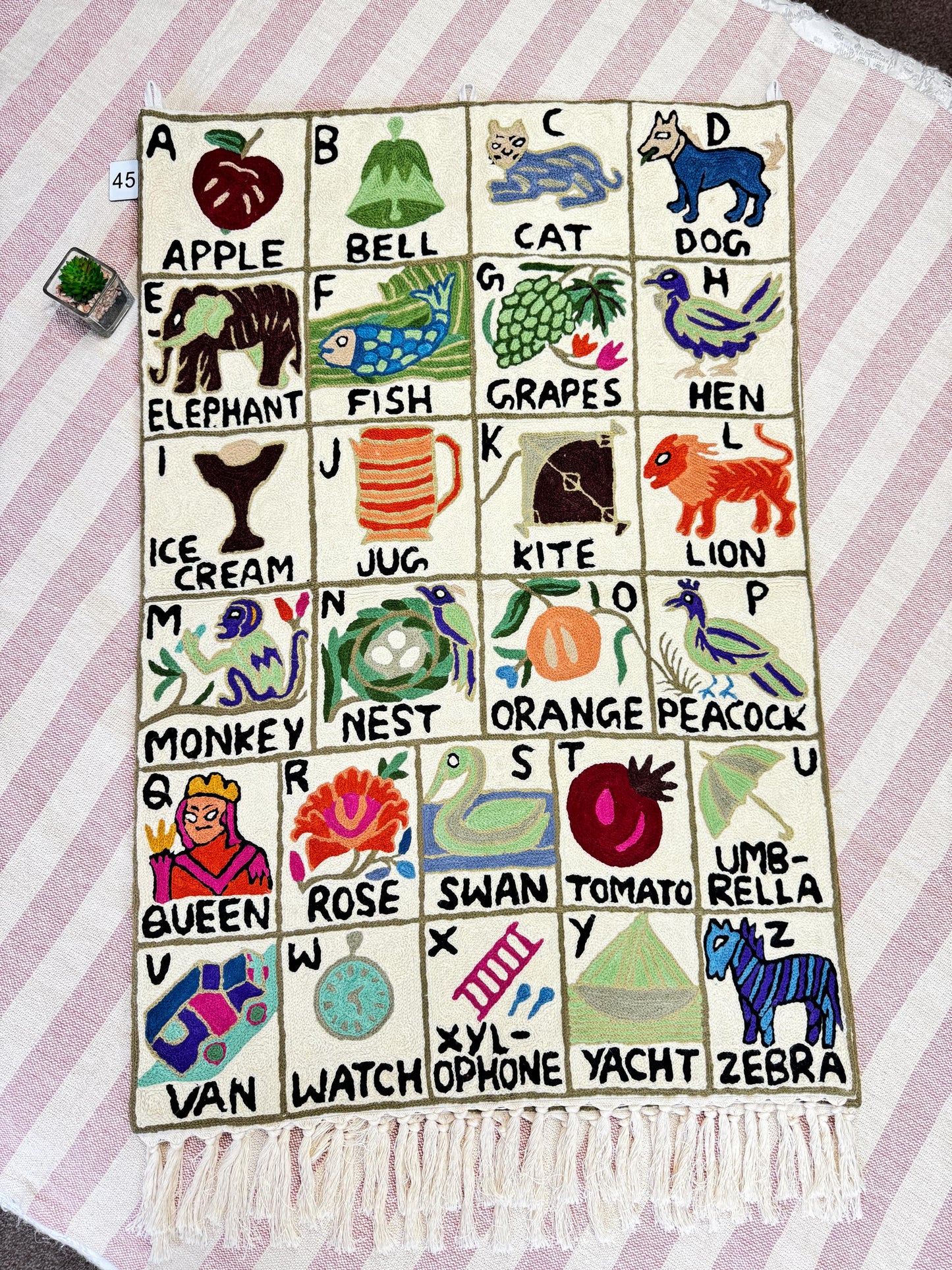 Handmade Alphabet Tapestry for Babies and kids: Wool Crewel Embroidered ABC Wall Hanging Nursery Decor, BabyShower, first Birthday - JayKayBoutiqueOnline