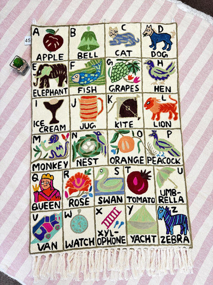 Handmade Alphabet Tapestry for Babies and kids: Wool Crewel Embroidered ABC Wall Hanging Nursery Decor, BabyShower, first Birthday - JayKayBoutiqueOnline