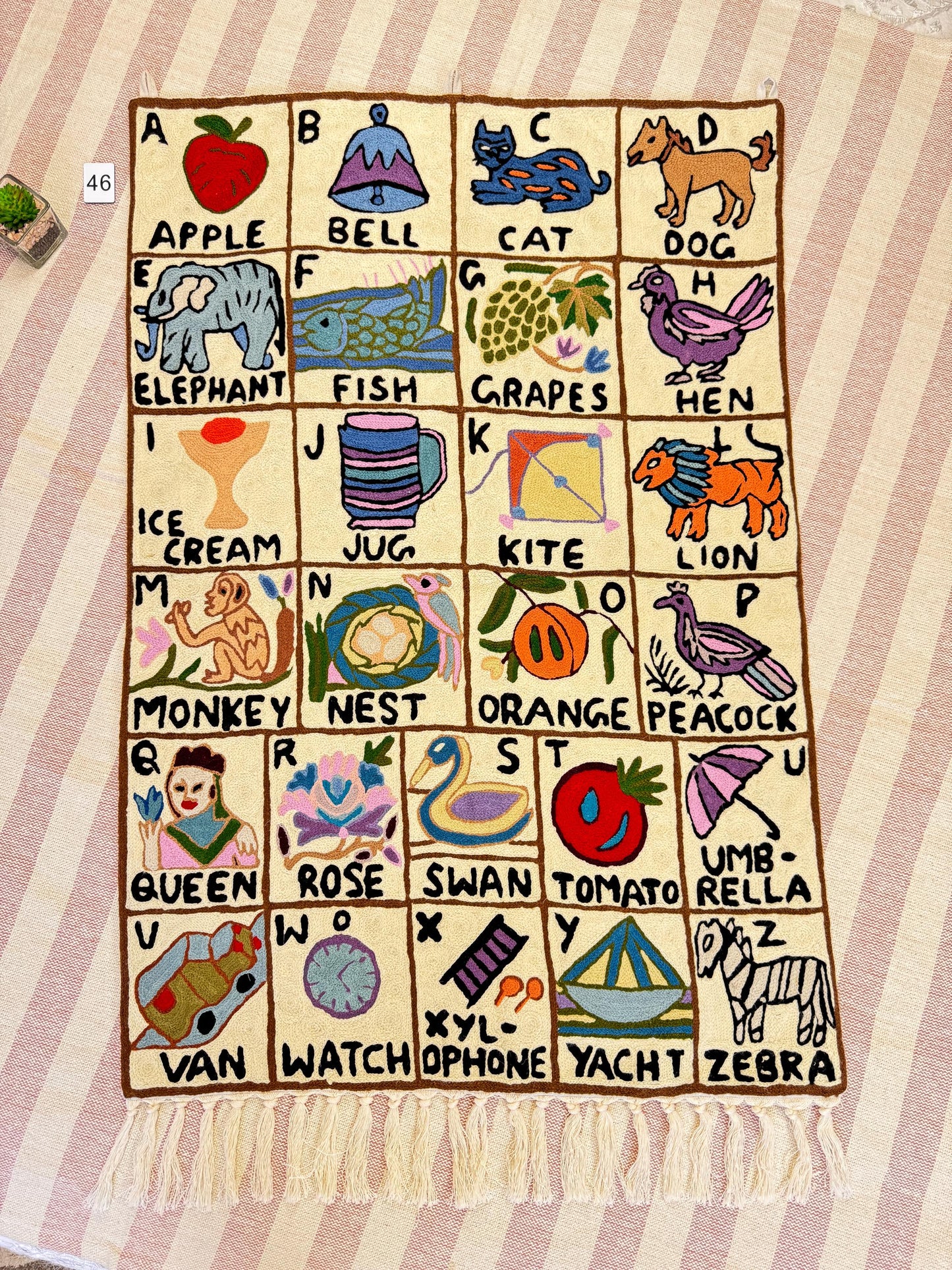 Handmade Alphabet Tapestry for Babies and kids: Wool Crewel Embroidered ABC Wall Hanging Nursery Decor, BabyShower, first Birthday - JayKayBoutiqueOnline