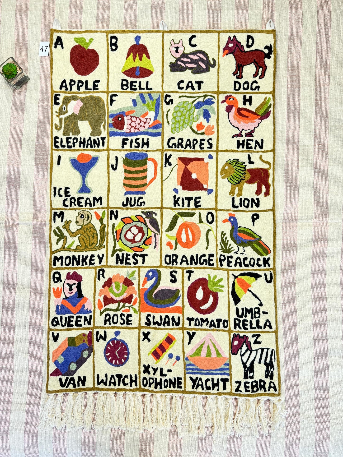 Handmade Alphabet Tapestry for Babies and kids: Wool Crewel Embroidered ABC Wall Hanging Nursery Decor, BabyShower, first Birthday - JayKayBoutiqueOnline