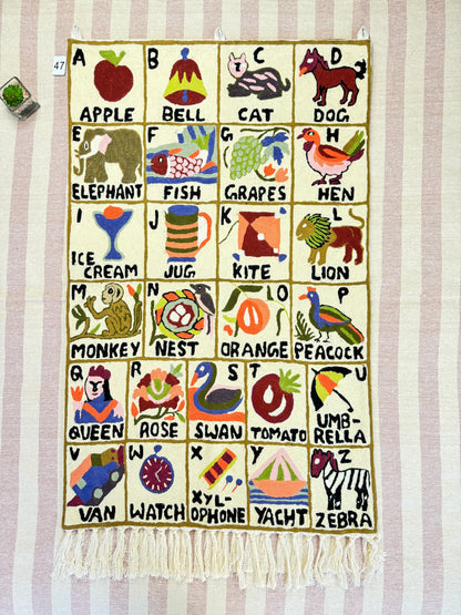 Handmade Alphabet Tapestry for Babies and kids: Wool Crewel Embroidered ABC Wall Hanging Nursery Decor, BabyShower, first Birthday - JayKayBoutiqueOnline