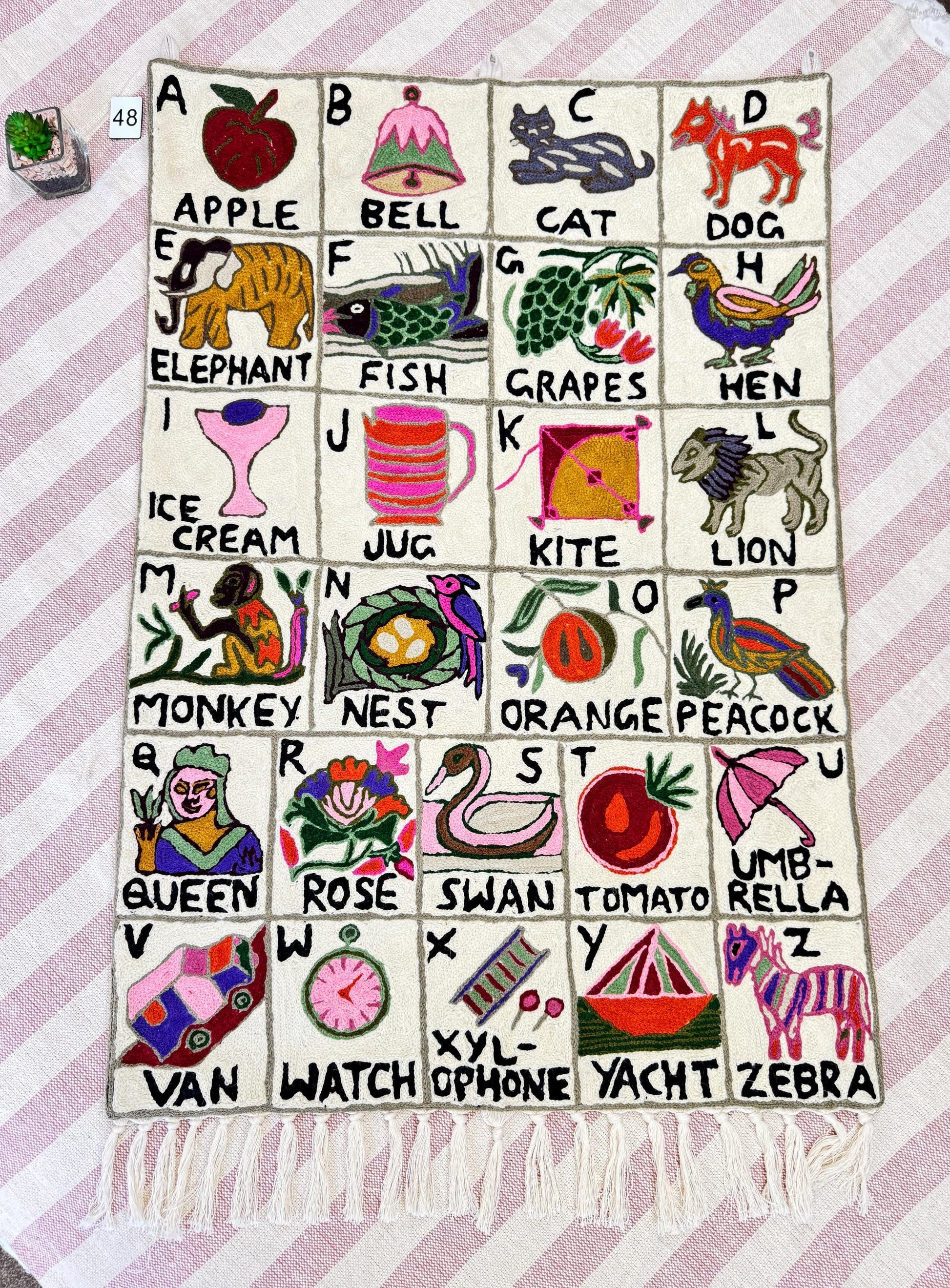 Handmade Alphabet Tapestry for Babies and kids: Wool Crewel Embroidered ABC Wall Hanging Nursery Decor, BabyShower, first Birthday - JayKayBoutiqueOnline