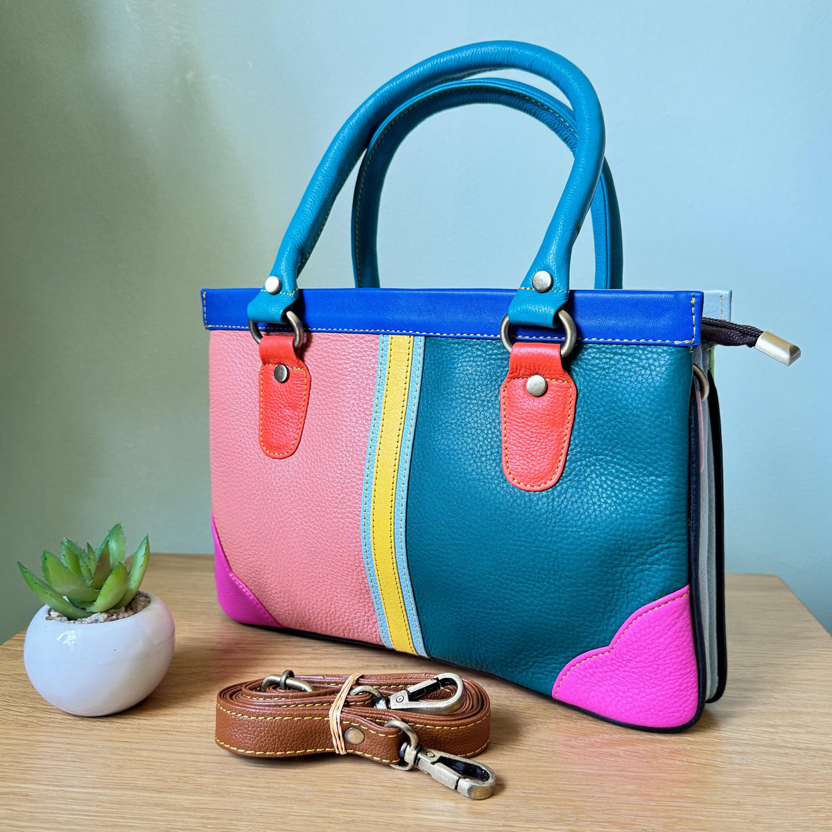 Coloured Leather Handbag, 2-in-1 - JayKayBoutiqueOnline