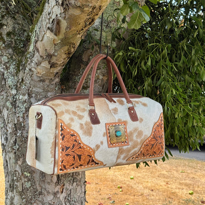 Hand Carved Leather Cowhide Duffle Gym Weekend Bag - JayKayBoutiqueOnline