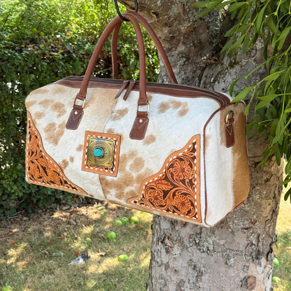 Hand Carved Leather Cowhide Duffle Gym Weekend Bag - JayKayBoutiqueOnline