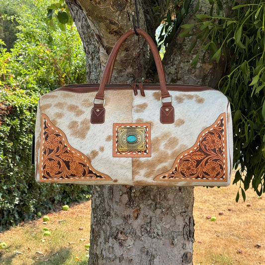 Hand Carved Leather Cowhide Duffle Gym Weekend Bag - JayKayBoutiqueOnline