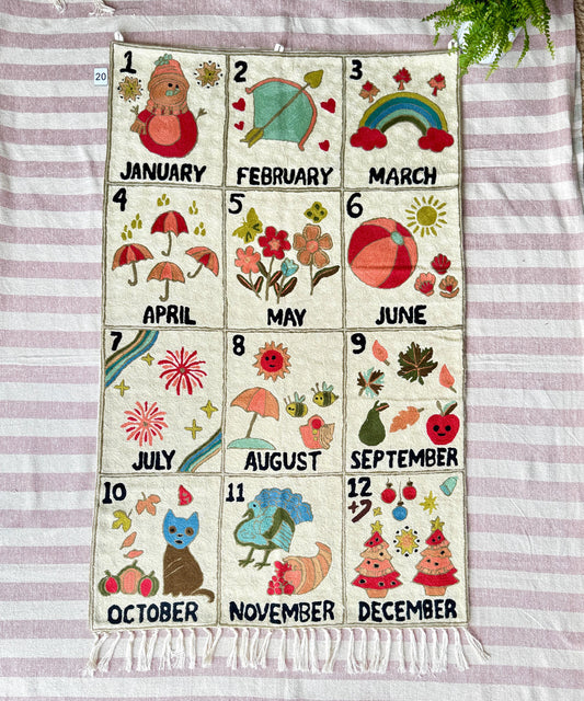 Handmade Months of the Year Nursery Room Crewel Wool Embroidery Wall Hanging, 5' x 3' - JayKayBoutiqueOnline