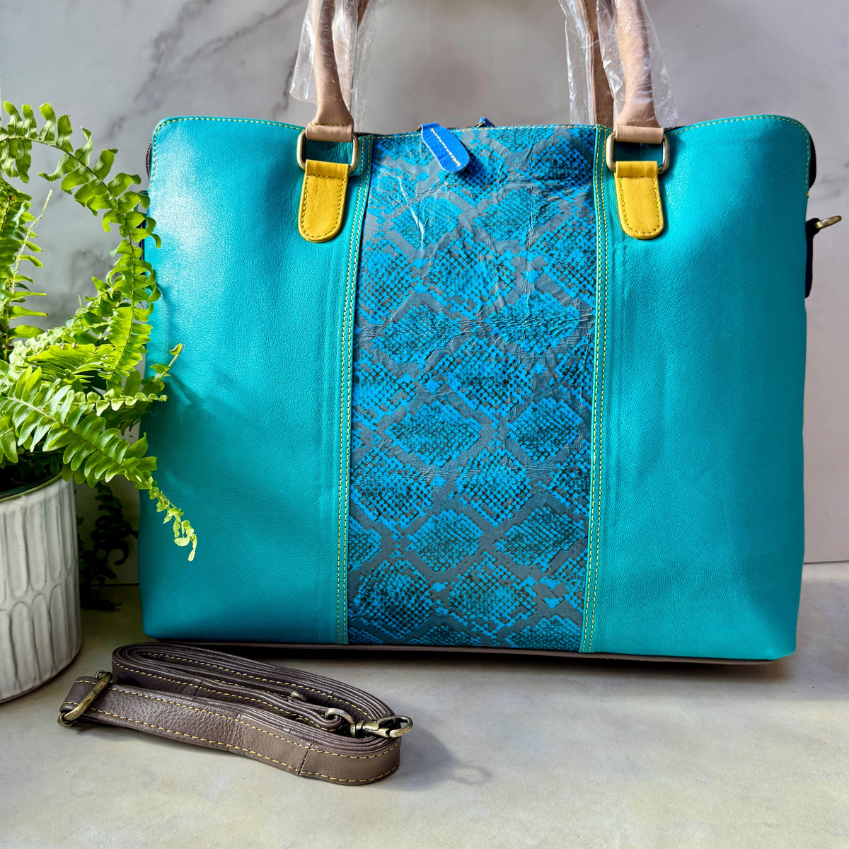 Recycled Coloured Leather Laptop Tote Bag, Padded Internal Section - JayKayBoutiqueOnline