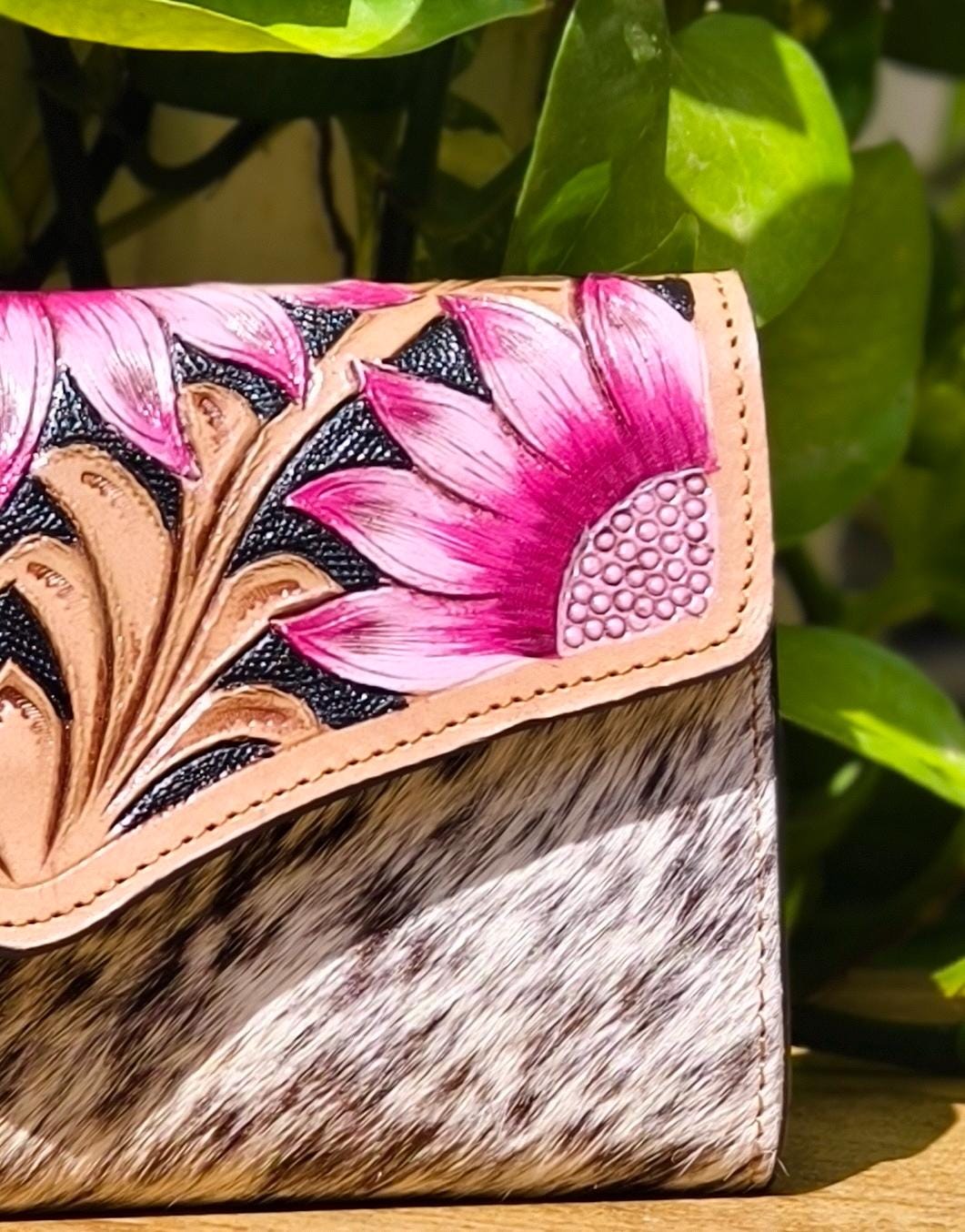 Hand Tooled Leather Cowhide Purse Wallet with Wrist Strap: Western Style Purse, - JayKayBoutiqueOnline