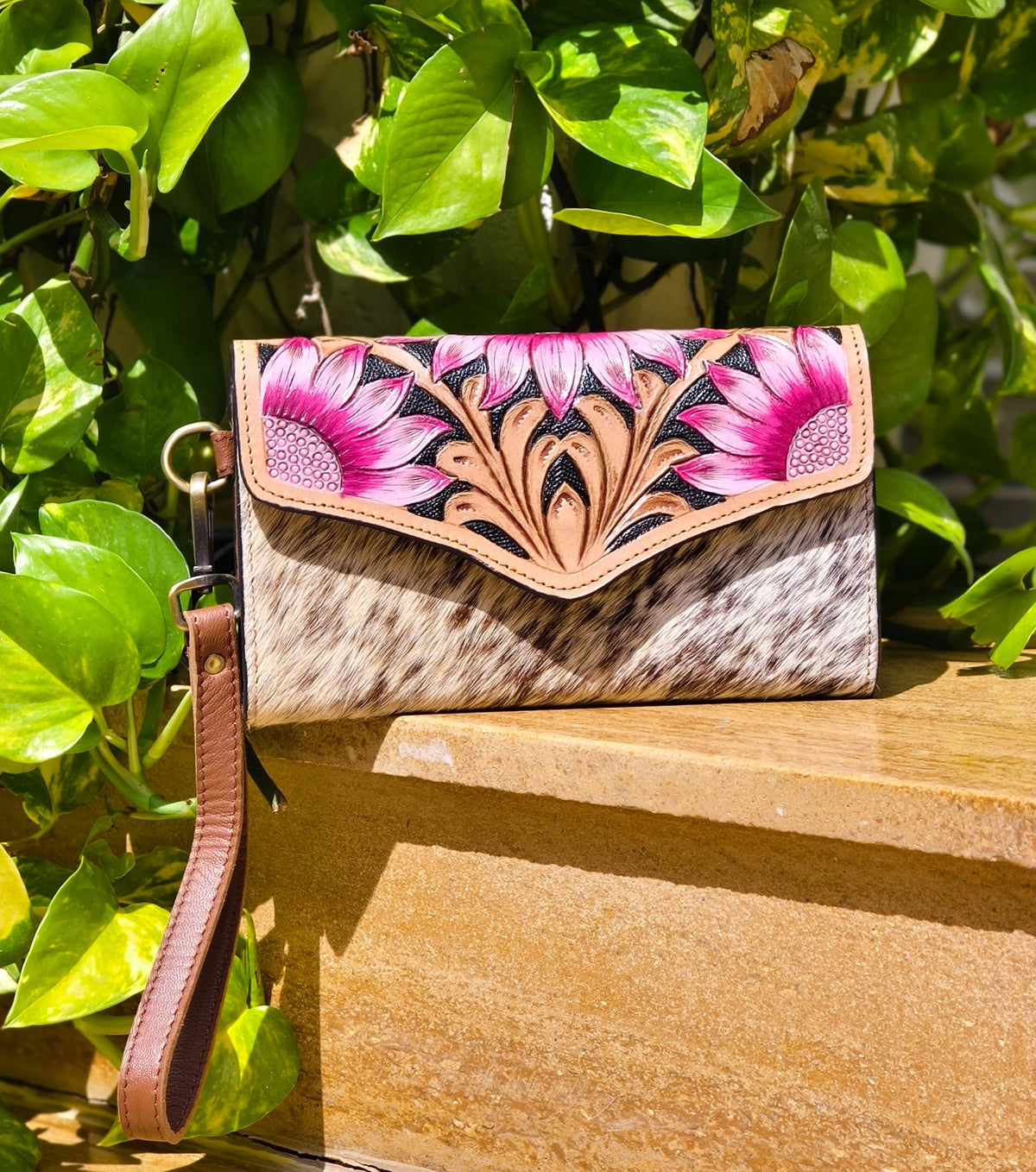 Hand Tooled Leather Cowhide Purse Wallet with Wrist Strap: Western Style Purse, - JayKayBoutiqueOnline