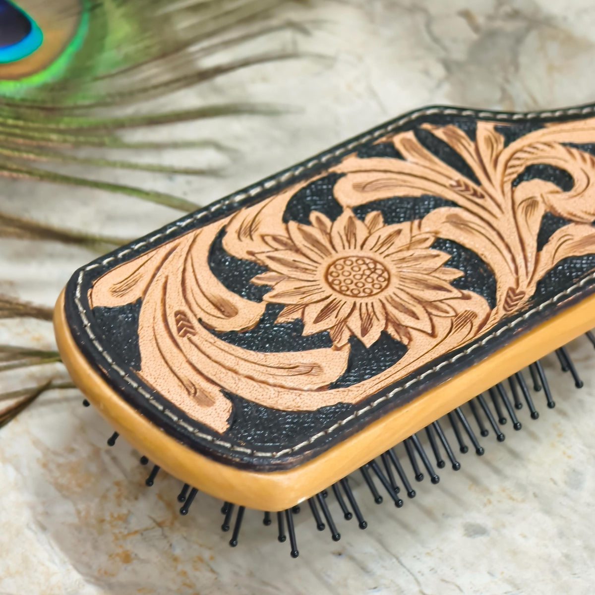 Western Hair Brush, Hand Tooled Leather Wooden Paddle Brush, Cowgirl Gift - JayKayBoutiqueOnline