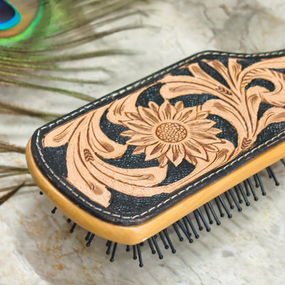 Western Hair Brush, Hand Tooled Leather Wooden Paddle Brush, Cowgirl Gift - JayKayBoutiqueOnline