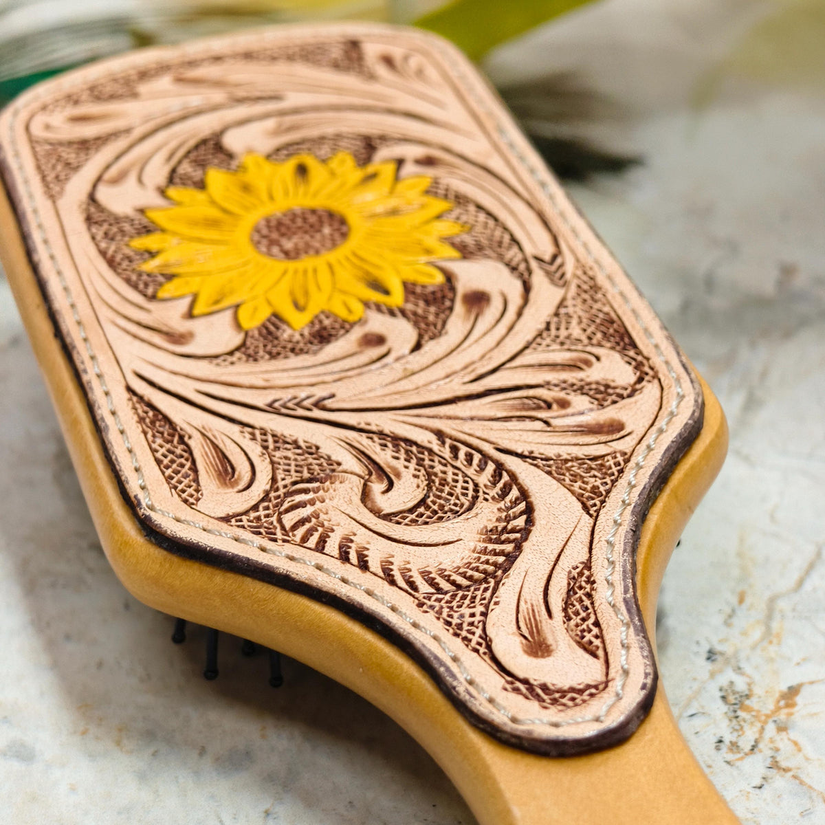 Western Hair Brush, Hand Tooled Leather Wooden Paddle Brush, Cowgirl Gift - JayKayBoutiqueOnline