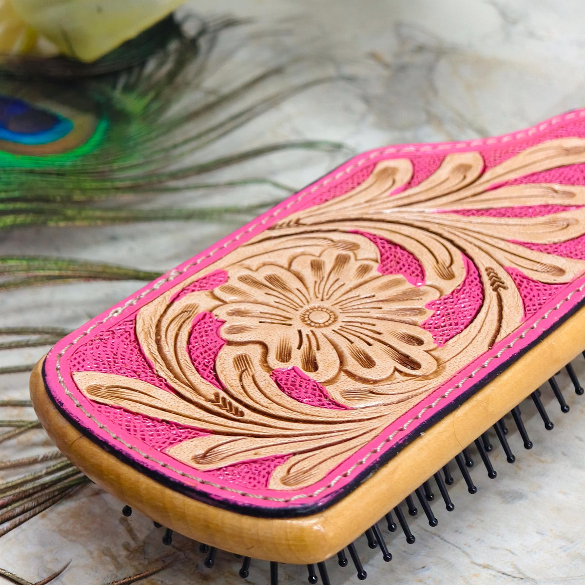 Western Hair Brush, Hand Tooled Leather Wooden Paddle Brush, Cowgirl Gift - JayKayBoutiqueOnline