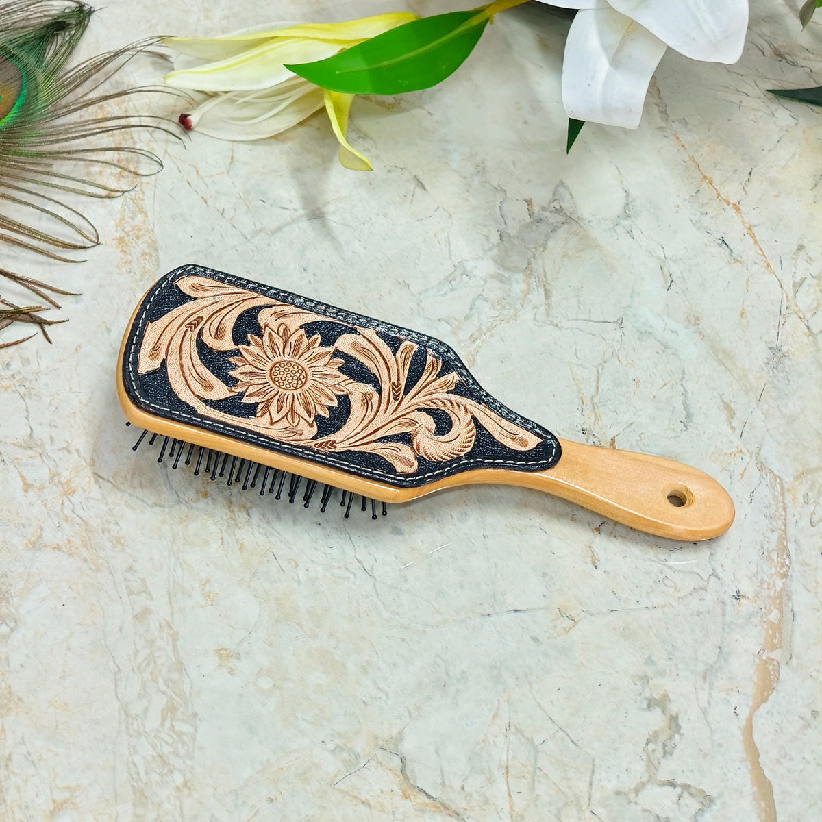 Western Hair Brush, Hand Tooled Leather Wooden Paddle Brush, Cowgirl Gift - JayKayBoutiqueOnline