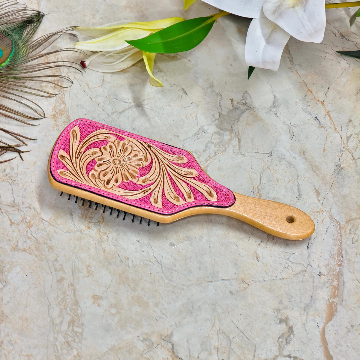 Western Hair Brush, Hand Tooled Leather Wooden Paddle Brush, Cowgirl Gift - JayKayBoutiqueOnline