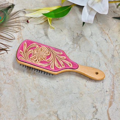 Western Hair Brush, Hand Tooled Leather Wooden Paddle Brush, Cowgirl Gift - JayKayBoutiqueOnline