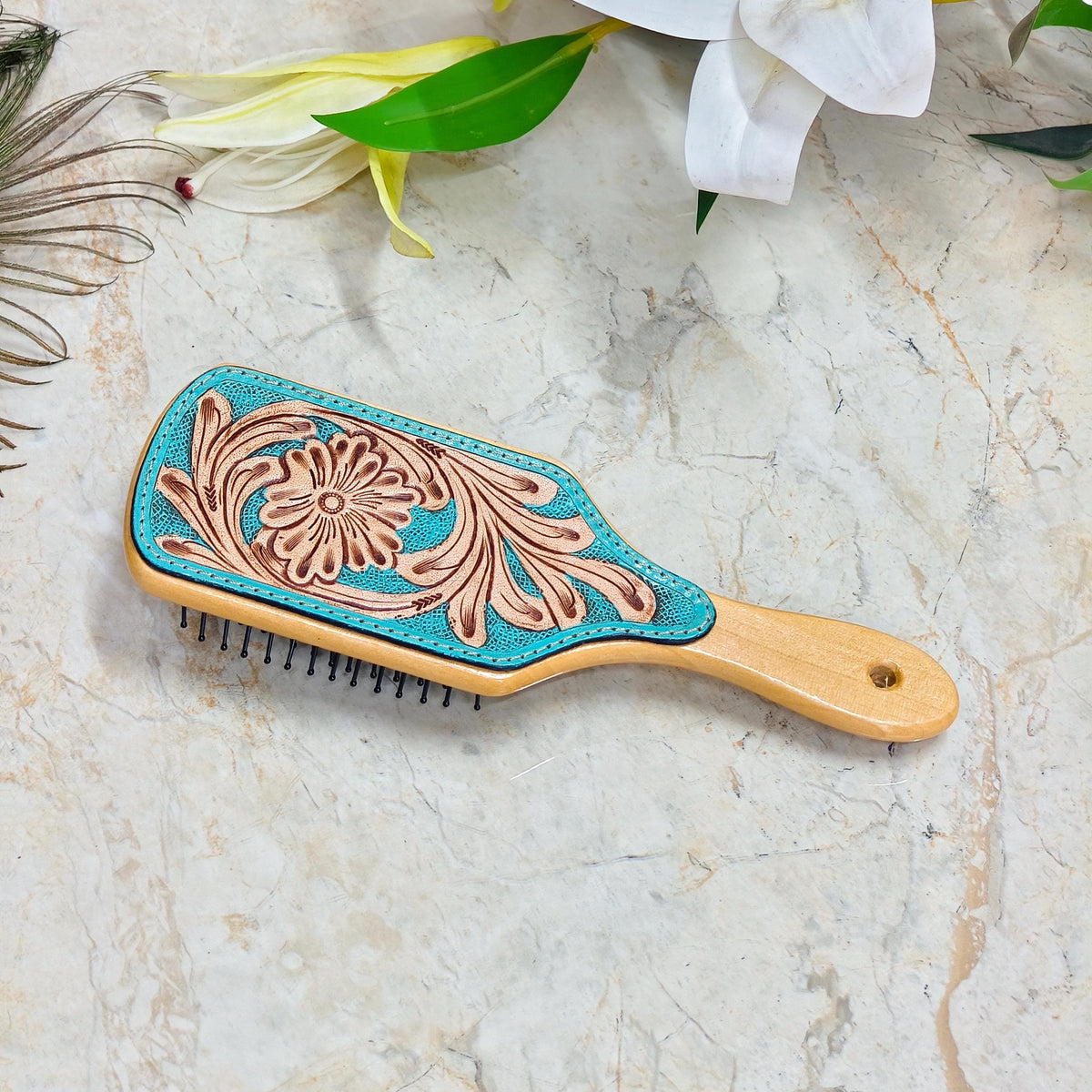 Western Hair Brush, Hand Tooled Leather Wooden Paddle Brush, Cowgirl Gift - JayKayBoutiqueOnline