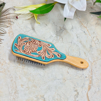 Western Hair Brush, Hand Tooled Leather Wooden Paddle Brush, Cowgirl Gift - JayKayBoutiqueOnline