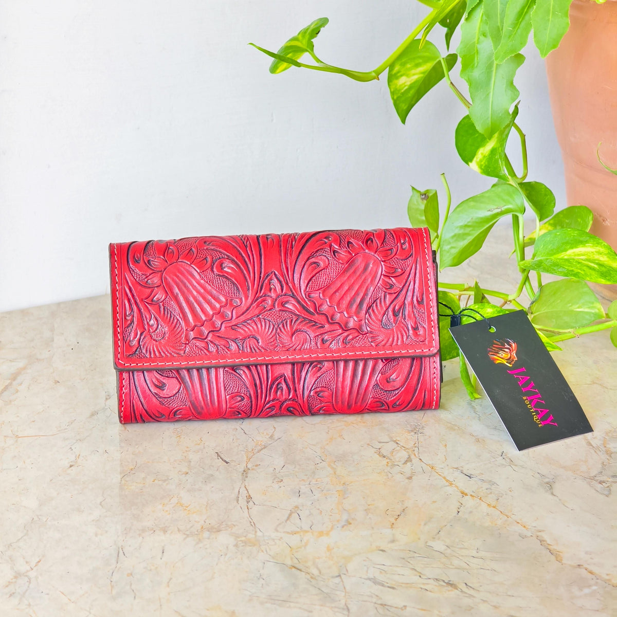 Hand Tooled Leather Purse Wallet Clutch - JayKayBoutiqueOnline