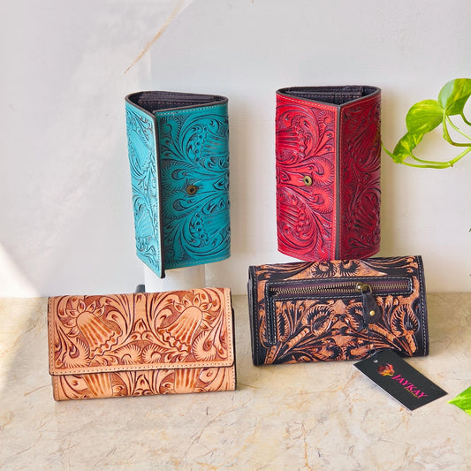Hand Tooled Leather Purse Wallet Clutch - JayKayBoutiqueOnline
