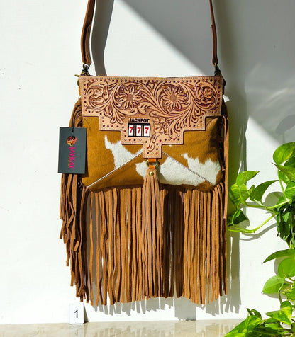 Cowhide Fringed Tooled Leather Cross Body Shoulder Bag or Clutch - JayKayBoutiqueOnline