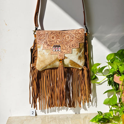 Cowhide Fringed Tooled Leather Cross Body Shoulder Bag or Clutch - JayKayBoutiqueOnline