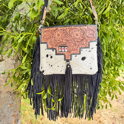 Cowhide Fringed Tooled Leather Cross Body Shoulder Bag or Clutch - JayKayBoutiqueOnline