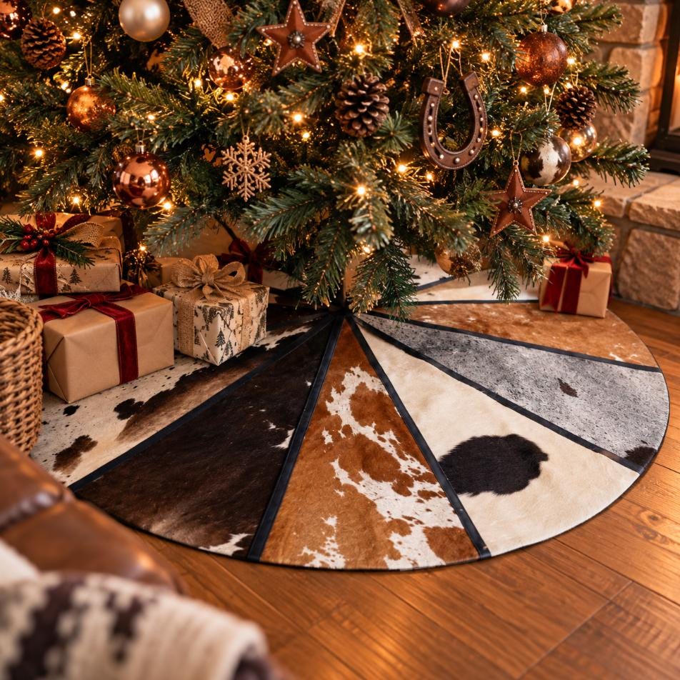 Handcrafted Cowhide Christmas Tree Skirt – 58" Rustic Western Decor - JayKayBoutiqueOnline