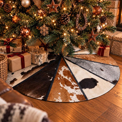 Handcrafted Cowhide Christmas Tree Skirt – 58" Rustic Western Decor - JayKayBoutiqueOnline