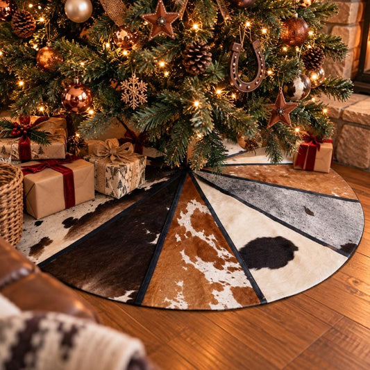 Handcrafted Cowhide Christmas Tree Skirt – 58" Rustic Western Decor - JayKayBoutiqueOnline