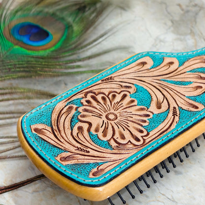 Western Hair Brush, Hand Tooled Leather Wooden Paddle Brush, Cowgirl Gift - JayKayBoutiqueOnline