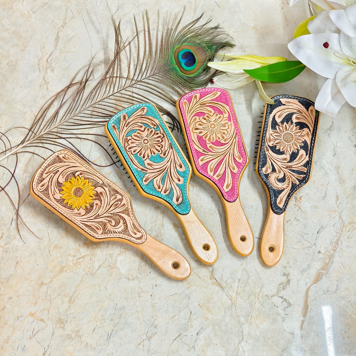 Western Hair Brush, Hand Tooled Leather Wooden Paddle Brush, Cowgirl Gift - JayKayBoutiqueOnline