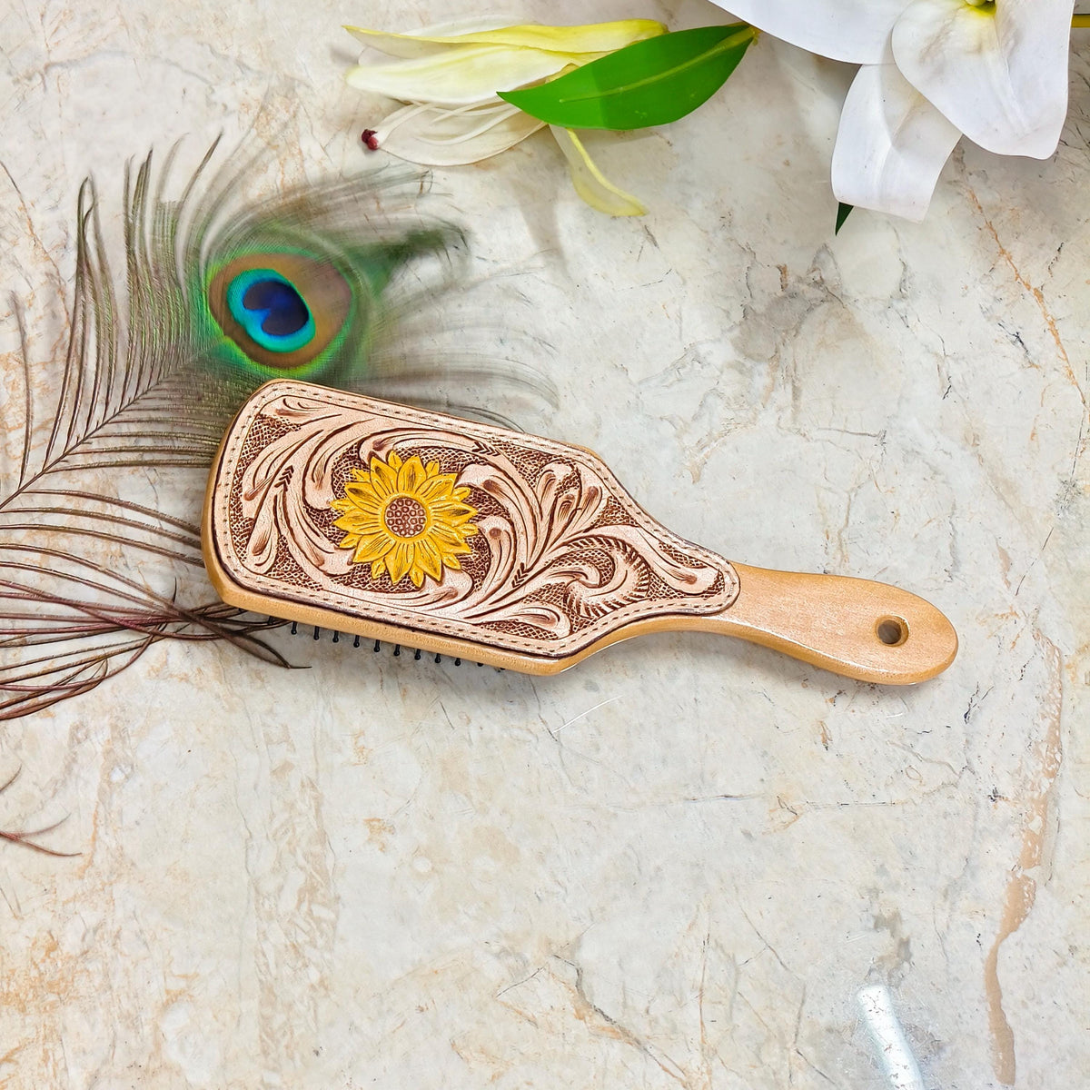 Western Hair Brush, Hand Tooled Leather Wooden Paddle Brush, Cowgirl Gift - JayKayBoutiqueOnline