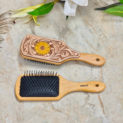 Western Hair Brush, Hand Tooled Leather Wooden Paddle Brush, Cowgirl Gift - JayKayBoutiqueOnline