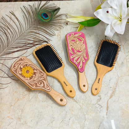 Western Hair Brush, Hand Tooled Leather Wooden Paddle Brush, Cowgirl Gift - JayKayBoutiqueOnline