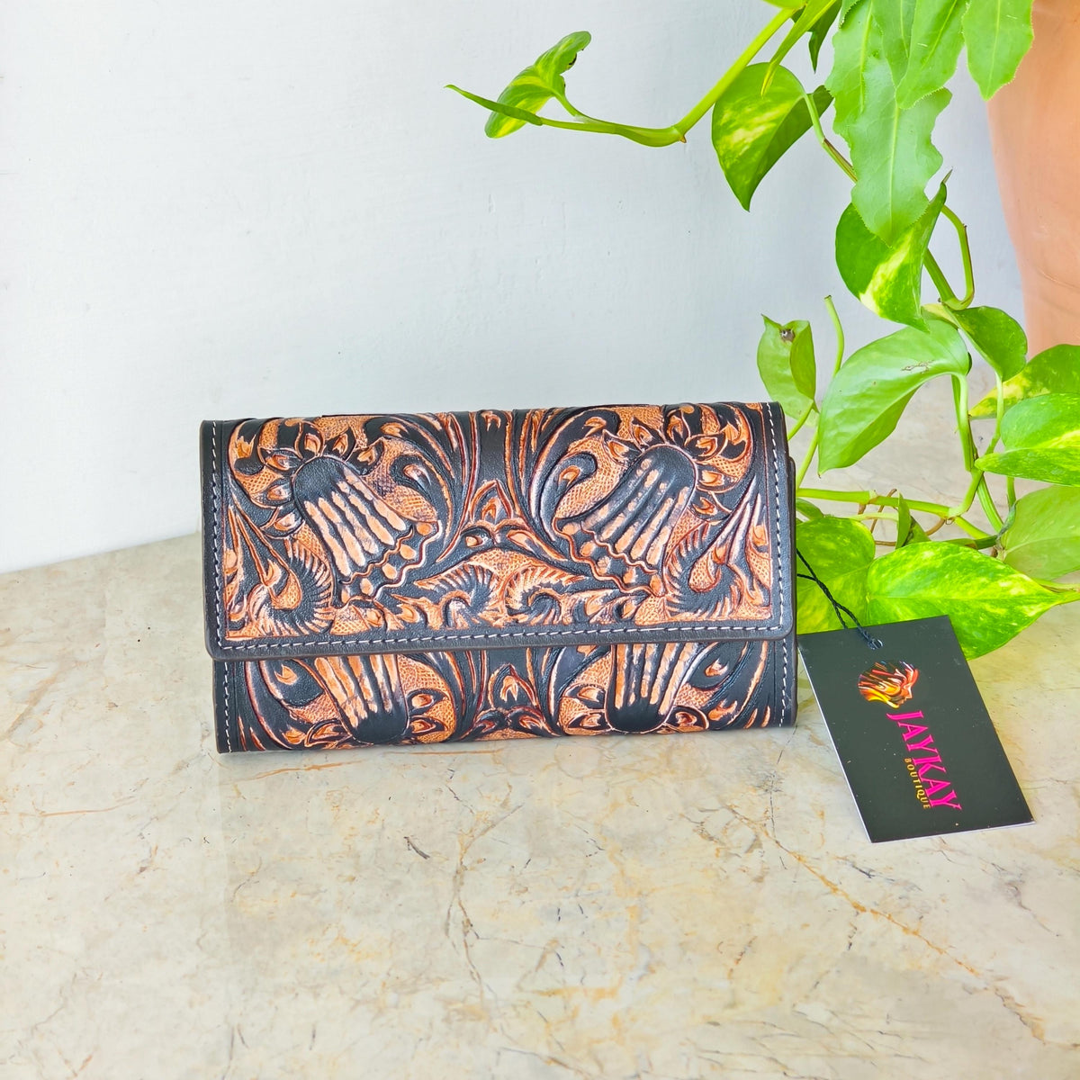 Hand Tooled Leather Purse Wallet Clutch - JayKayBoutiqueOnline