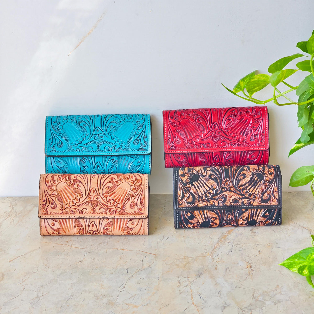 Hand Tooled Leather Purse Wallet Clutch - JayKayBoutiqueOnline