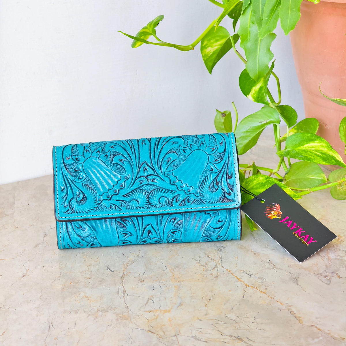 Hand Tooled Leather Purse Wallet Clutch - JayKayBoutiqueOnline