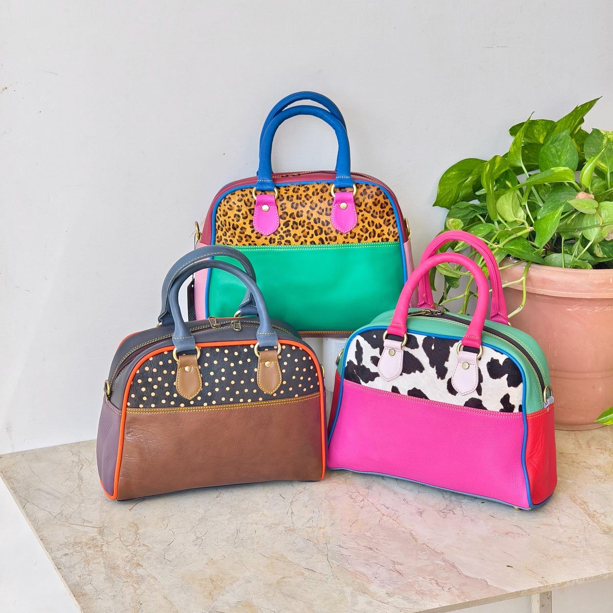 Leather Boston Bag Hair on Cowhide in Animal Print - JayKayBoutiqueOnline