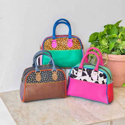 Leather Boston Bag Hair on Cowhide in Animal Print - JayKayBoutiqueOnline
